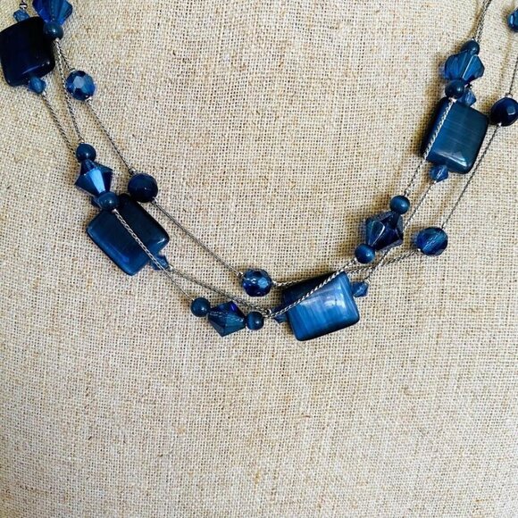 Lia Sophia Cobalt Blue Three Strand Glass Beaded Necklace - Picture 2 of 2
